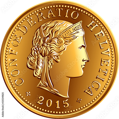 Obverse of 5 centimes gold coin Swiss franc with head of Liberty and legend CONFOEDERATIO HELVETICA, official coin in Switzerland and Liechtenstein