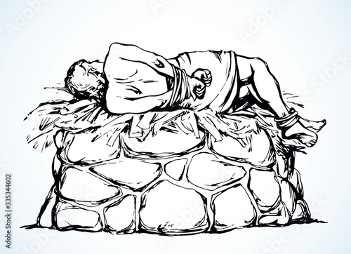 Man With hands tied on altar. Vector drawing