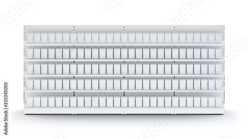 3D image of four Supermarket Shelving Showcase Displays with Shelves with packs staying in front isometric view in the row on isolated white background. It can be easily seamless multiplied in one row