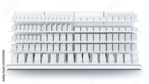 3D image of four Supermarket Shelving Showcase Displays with Shelves with packs staying in front perspective view in the row on isolated white background. It can be seamless multiplied in one row