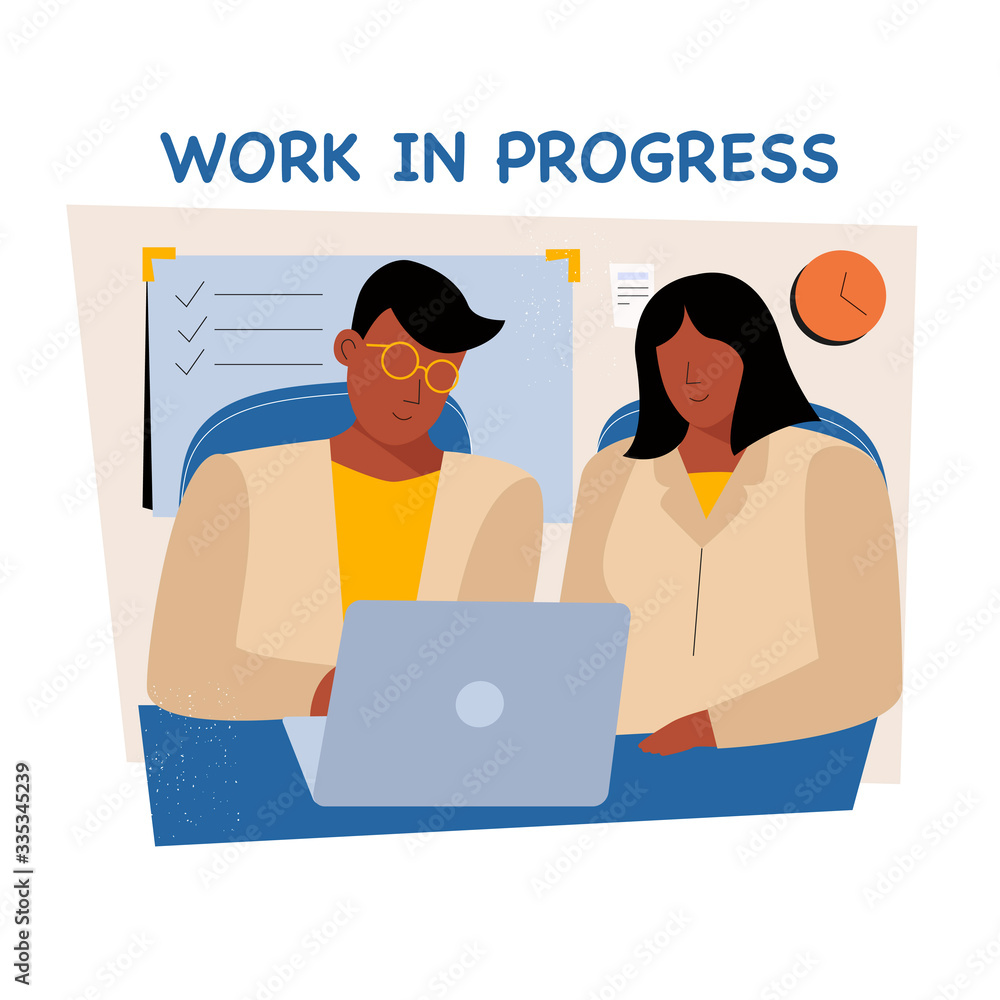 Work in progress. Businessman businesswoman character vector illustration in flat cartoon style. Business Start Up. Modern office. Coding, software development. Programmer working with laptop. 