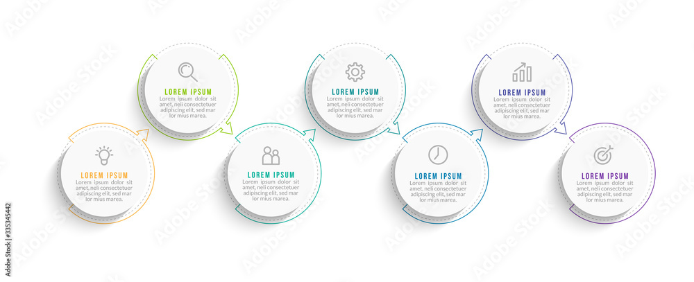 Minimal Business Infographics template. Timeline with 7 steps, options and marketing icons .Vector linear infographic with seven conected elements. Can be use for presentation. Minimal Business Infographics template. Timeline with 7 steps, options and marketing icons .Vector linear infographic with seven conected elements. Can be use for presentation.