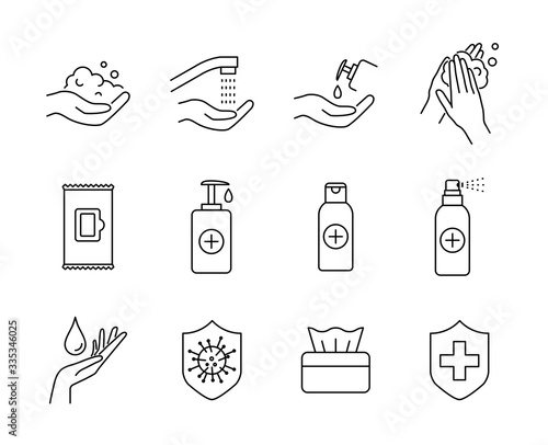 Hand hygiene, washing, sanitizing, protection against viruses or bacteria vector icons set