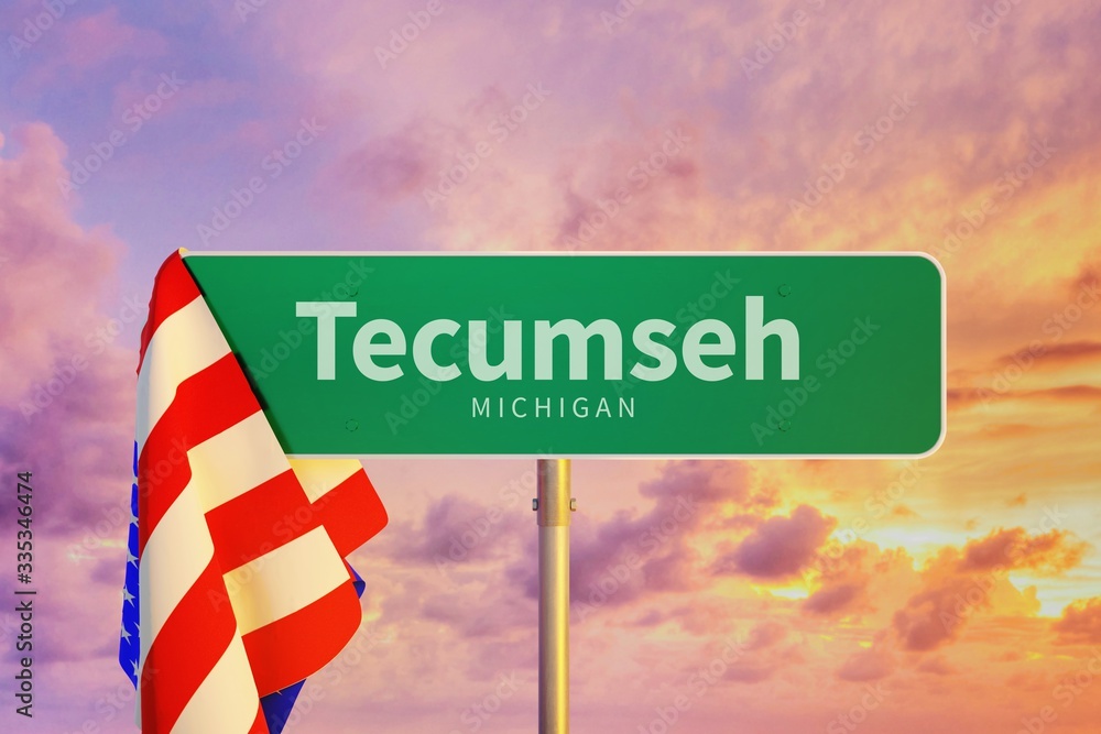 Tecumseh Michigan. Road or Town Sign. Flag of the united states. Blue