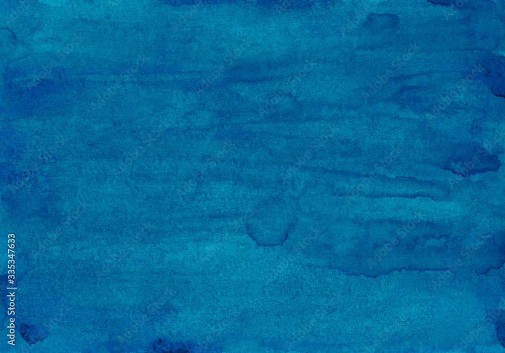 Watercolor deep blue background texture. Hand painted aquarelle backdrop. Stains on paper abstract painting. Liquid wallpaper.