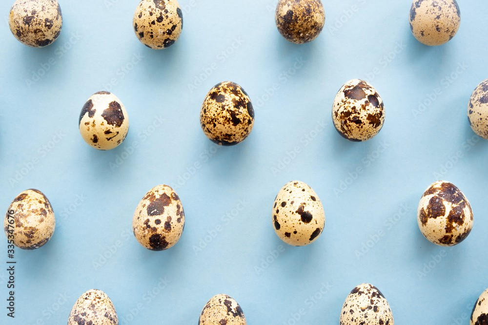 many small motley quail eggs on a blue background in a checkerboard pattern many small motley quail eggs on a blue background in a checkerboard pattern