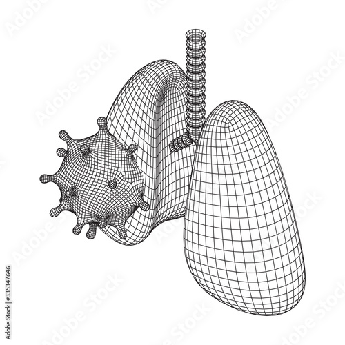 Corona Virus and Lungs with trachea bronchi internal organ human. Covid virus pulmonology medicine science concept. Wireframe low poly mesh vector illustration.