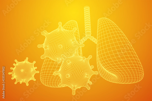 Corona Virus and Lungs with trachea bronchi internal organ human. Covid virus pulmonology medicine science concept. Wireframe low poly mesh vector illustration.
