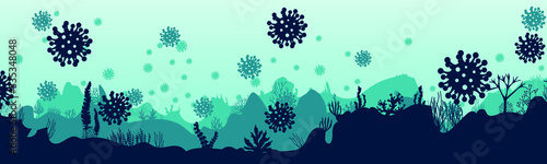 Silhouette of a virus on a reef background. An underwater scene of an ocean infected with COVID-19 Coronavirus killed all living organisms. Pandemic. vector landscape. photo