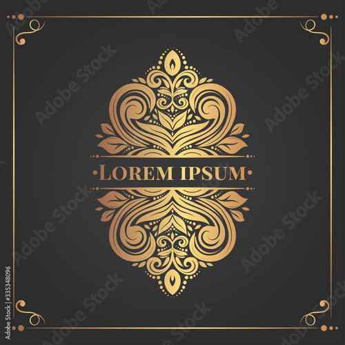 Golden frame with decorative vector ornament. Elegant, classic elements. Can be used for jewelry, beauty and fashion industry. Great for logo, emblem, background or any desired idea.