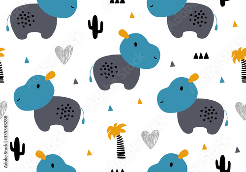 Hippopotamus baby seamless pattern, animal vector background.