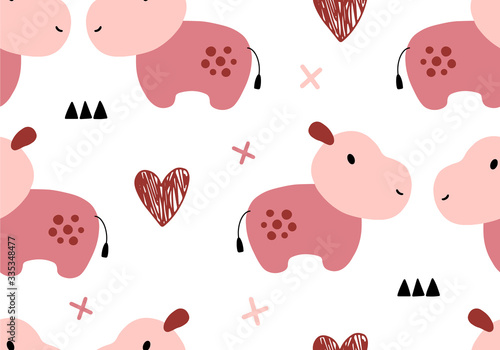Hippopotamus baby seamless pattern, animal vector background.