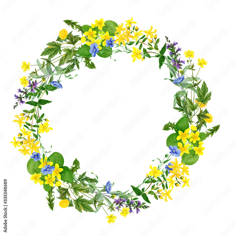 Field yellow flowers wreath with dandelion and ranunculus Field yellow flowers wreath with dandelion and ranunculus