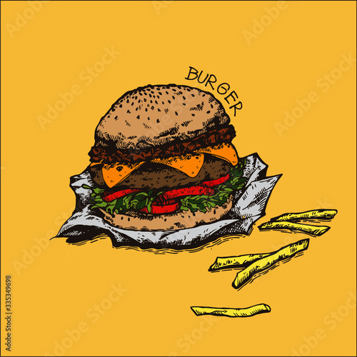 hamburger isolated on yellow background 