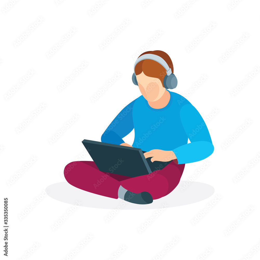 Cartoon character in lotus position with laptop and headphones. Freelance work and study at home concept vector illustration. Part of set. Cartoon character in lotus position with laptop and headphones. Freelance work and study at home concept vector illustration. Part of set.
