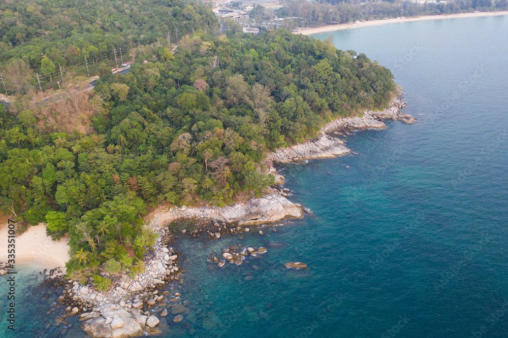 Obraz premium Aerial drone view of tropical Kamala Beach area and Andaman Sea in Phuket, Thailand
