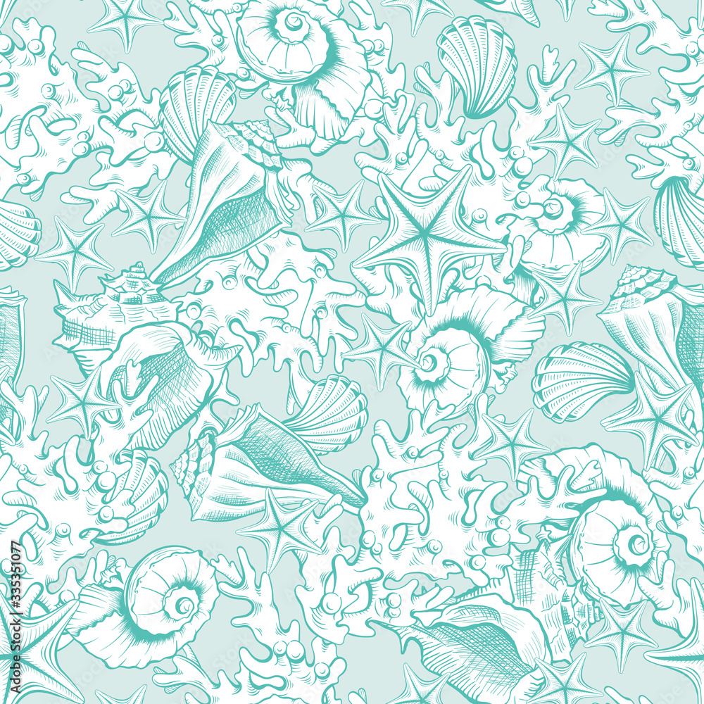 Seashells line art pattern background, vector line art sketch sea shells, corals and starfish engraving. Marine and ocean seashells in turquoise blue, green for wedding and bridal decoration Seashells line art pattern background, vector line art sketch sea shells, corals and starfish engraving. Marine and ocean seashells in turquoise blue, green for wedding and bridal decoration