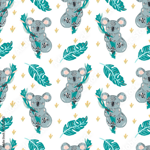 cute coala doodle hand drawn flat seamless pattern. Cartoon abstract animal in scandinavian style. Wild rainforest animal. Grass branches with leaves, flowers and spots design element. Tropical.