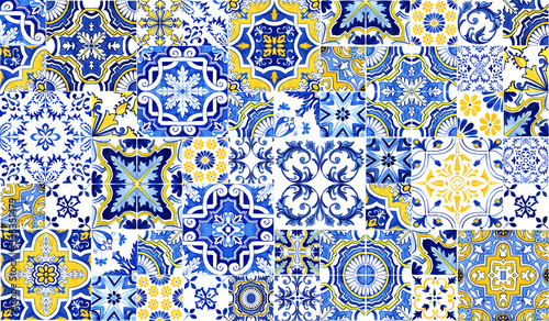 Azulejos tile wallpaper. Traditional Portuguese Mosaic, horizontal tile desoration. Watercolor artwork, blue and yellow tiles. Antique ceramics tileable, heritage. Old painted panel, floral pattern photo