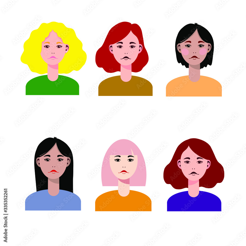 Vector set of different characters faces, avatars. Isolated. Hand drawn illustration. Hair style. Vector set of different characters faces, avatars. Isolated. Hand drawn illustration. Hair style.