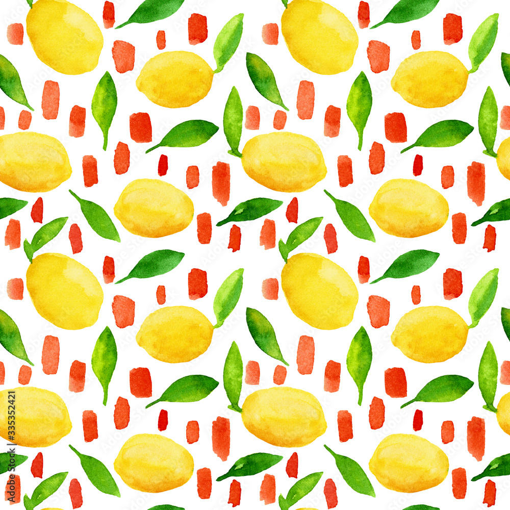 Watercolor illustration. Seamless pattern with lemons and leaves, dots. Bright, summer design for textiles, decor, napkins, pillowcases.