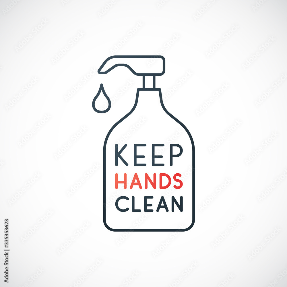 Keep your hands clean line icon. Use hand sanitiser. Coronavirus preventive concept. Sanitizer bottle isolated on white background. Stock vector design for Covid-19 awareness campaign. Keep your hands clean line icon. Use hand sanitiser. Coronavirus preventive concept. Sanitizer bottle isolated on white background. Stock vector design for Covid-19 awareness campaign.