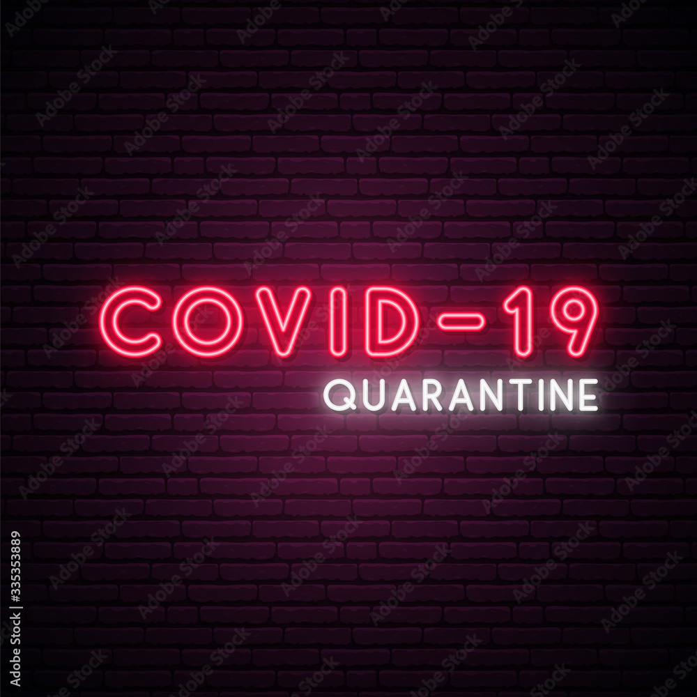 Neon text Covid-19, Quarantine. Concept coronavirus design in neon style. Bright night signboard. Stock vector illustration. Neon text Covid-19, Quarantine. Concept coronavirus design in neon style. Bright night signboard. Stock vector illustration.