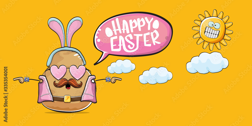 Vector rock star easter potato funny cartoon character with blue easter bunny ears isolated on orange horizontal banner background. rock n roll easter party poster or happy easter greeting card