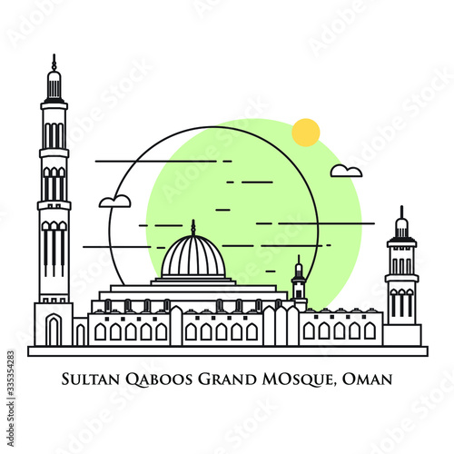 Flat icon vector illustration of a historic building mosque in the Oman, Simple outline icon design cartoon landmark for praying vacation travel tourist attractions. Sultan Qaboos Mosque.