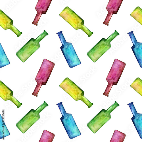 Colorful glass bottles pattern on white background