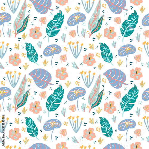 cute floral leavs doodle hand drawn flat seamless pattern. Cartoon abstract in scandinavian style. Wild rainforest animal. Grass branches with leaves, flowers and spots design element. Tropical