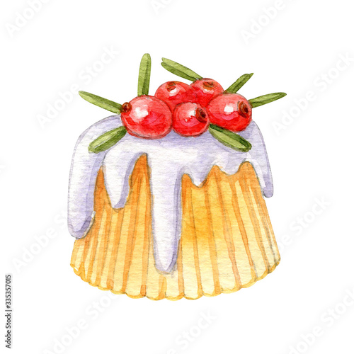 Watercolor of christmas desserts isolated on white. Hand drawn sketch of cake for for festive design and holiday decoration.