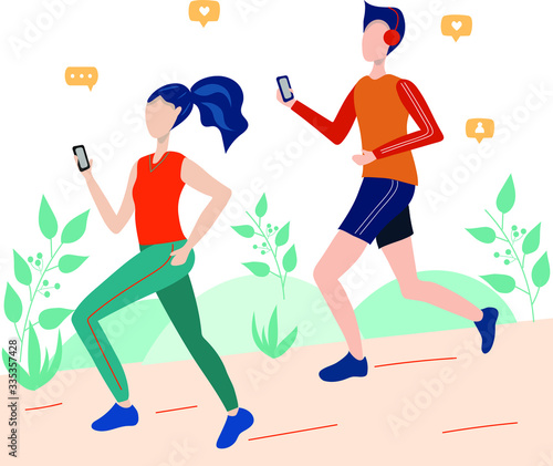 Happy couple running around in the park. Man and woman is engaged in fitness. Morning jogging. Active and healthy lifestyle. Vector illustration in cartoon style