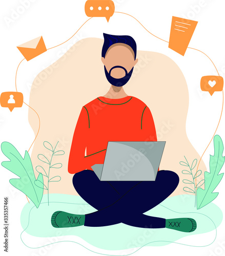 Freelance - a man working at a laptop on the floor. Business man at the chair with a laptop. Freelancer or office worker. Vector illustration in cartoon style