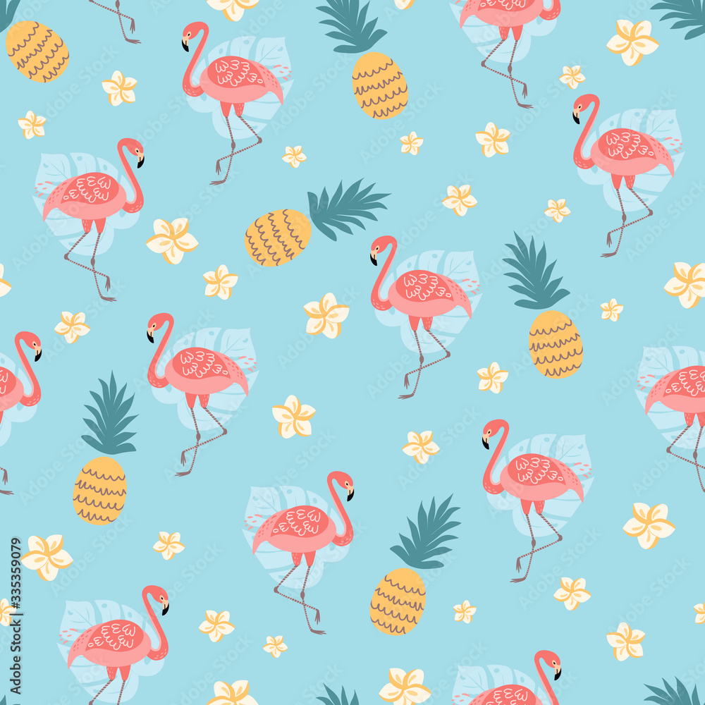 Flamingo seamless pattern Tropical print Cute pineapple flowers on summer blue background Decorative paper Flamingo seamless pattern Tropical print Cute pineapple flowers on summer blue background Decorative paper