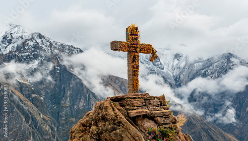 Panoramic photograph of the Cross of the Condor, the famous place in the Colca Canyon for bird watching and spot the Andean Condor, Arequipa region, Peru. photo