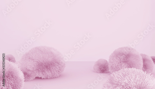Showcases for products for girls. Pink background, podium, stage with fluffy balls. 3D rendering.