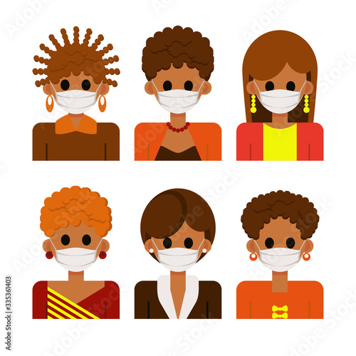 Set of avatar with female in white medical mask. Icons womens of different ages and nationalities during the quarantine. Stop the coronavirus 2019. Human protection from pneumonia outbreak. Vector