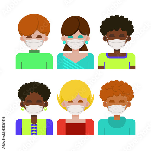 Set of avatar with female in white medical mask. Icons womens of different ages and nationalities during the quarantine. Stop the coronavirus 2019. Human protection from pneumonia outbreak. Vector