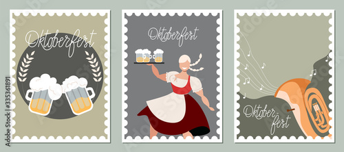 Oktoberfest card set. Trendy hand drew vector card designs in told postal stamp style. Tuba and melody, waitress holding beer on a plate, beer mugs in a circle. Traditional Oktoberfest female costume.