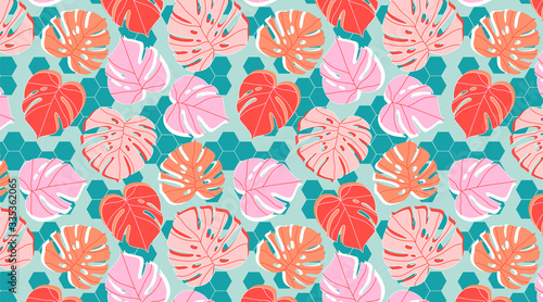 Tiles and plants seamless pattern. Tropical monstera leaves and  palm branches in pastel tones. Summer and rainforest mood. Trendy hand drawn vector illustration for background, banner, textile.
