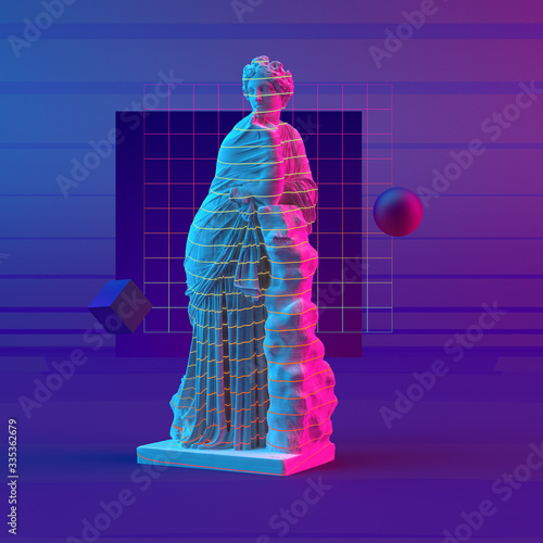 3d-illustration abstract composition of sculpture and primitive objects on violet background photo