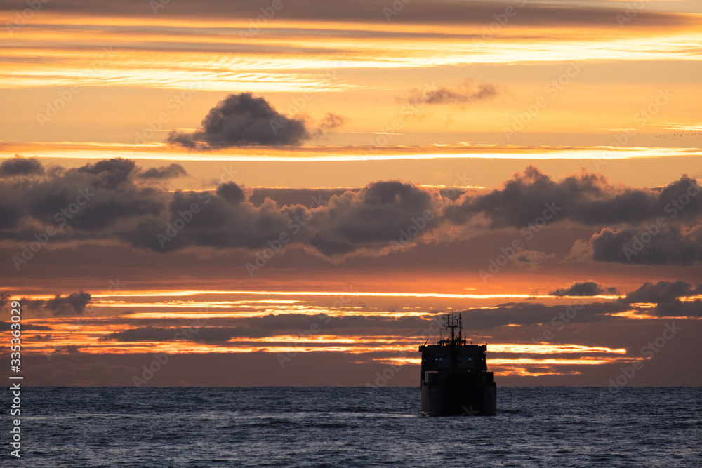 Obraz premium cargo ship at sunset. Black sea