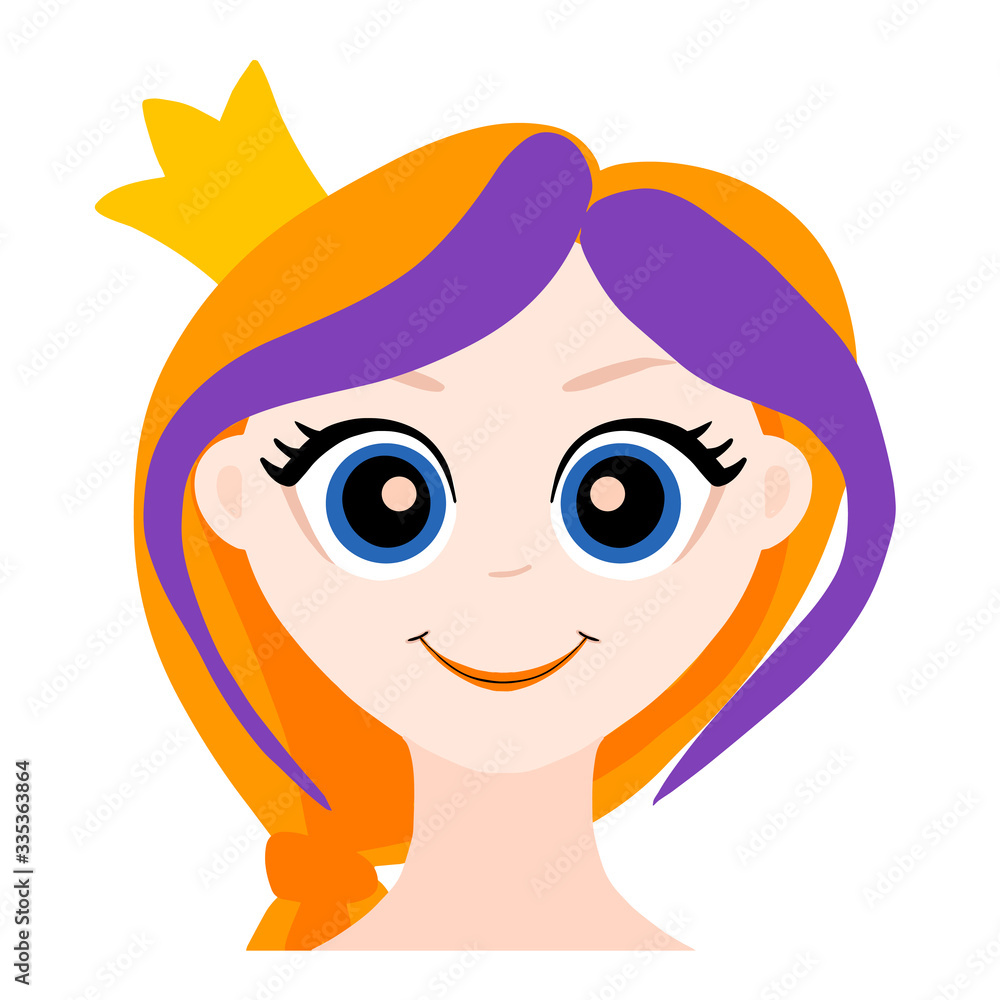 Portrait of a cute princess with red hair. Isolated on white background. Modern character. Girl teenager with a crown and purple strands in her hair.