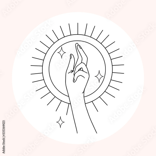 Woman hand line art. Delicate hand position, gestures in minimalist style. Elegant hand with moon, stars and sun, esoteric elements for logos, bages and pre made scenes.