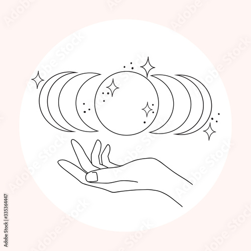 Woman hand line art. Delicate hand position, gestures in minimalist style. Elegant hand with moon, stars and sun, esoteric elements for logos, bages and pre made scenes.