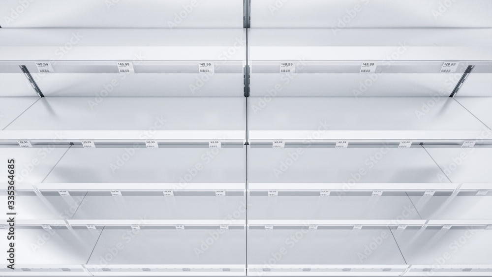 3D image top view of grocery shelves mockup in close up with shelf