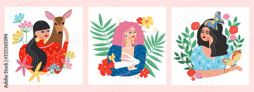 Caring about ecology and fauna diversity. Wildlife protection and rescue concept. Girls holding rabbit, butterfly, roe deer isolated vector illustration. Woman loves and protects animals and insects.
