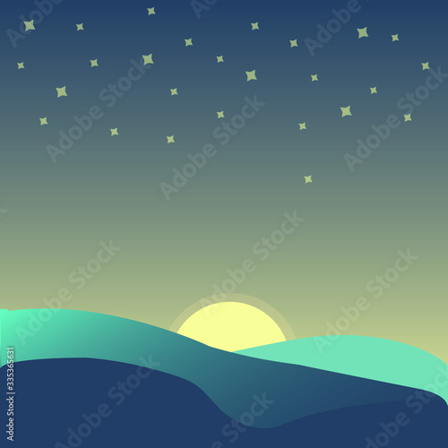 Blue nature landscape with silhouettes hill  moonshine  star  sky  moonlight  background  vector  illustration 