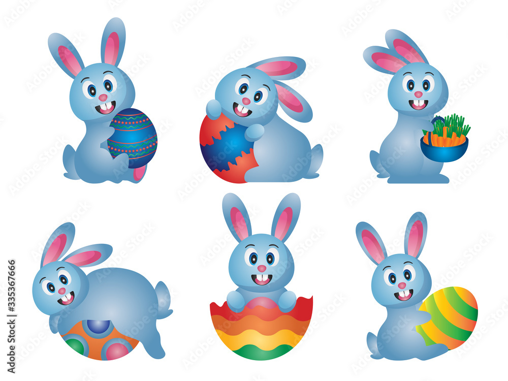 Set of cute easter cartoon rabbits with easter eggs and easter elements. Easter bunny and carrot. Illustration of easter celebration. Set of cute easter cartoon rabbits with easter eggs and easter elements. Easter bunny and carrot. Illustration of easter celebration.